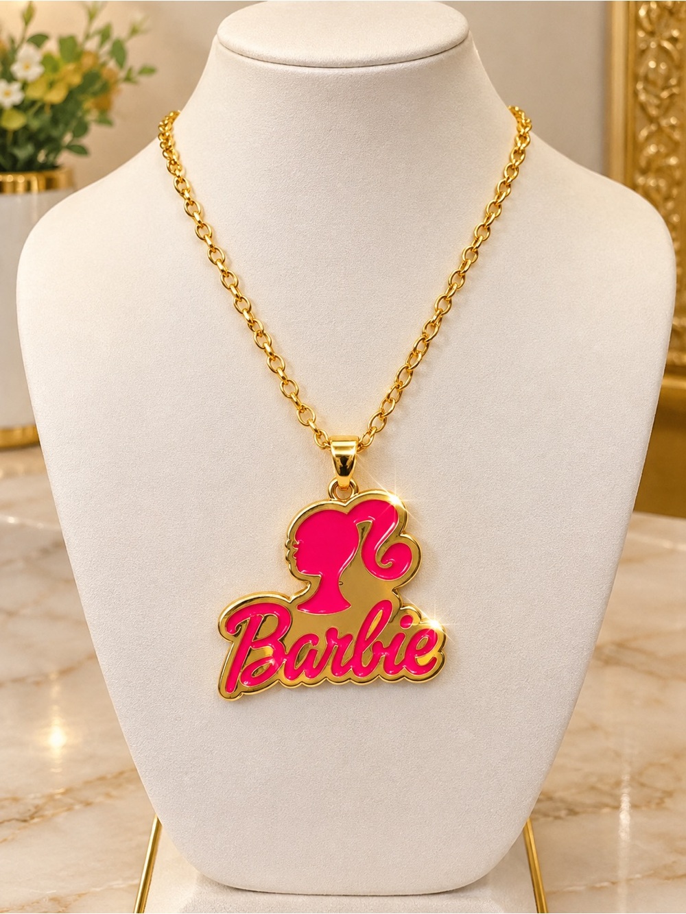Barbie Gold Chain Necklace with Hot Pink Logo Pendant